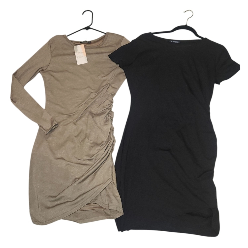 Elegant Black and Tan Women's Ruched Dresses